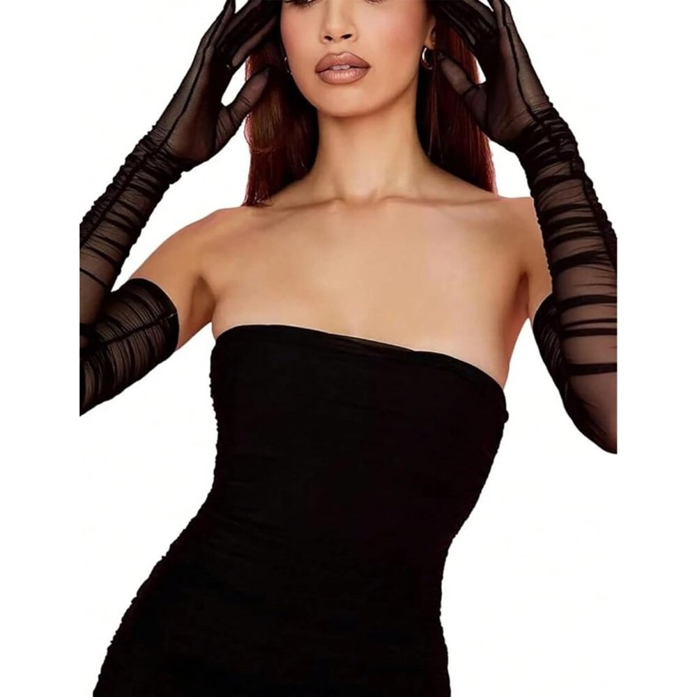 Women's Black Tulle Mesh Satin Long Sheer Gloves Wedding Opera Party Prom - Picture 3 of 7